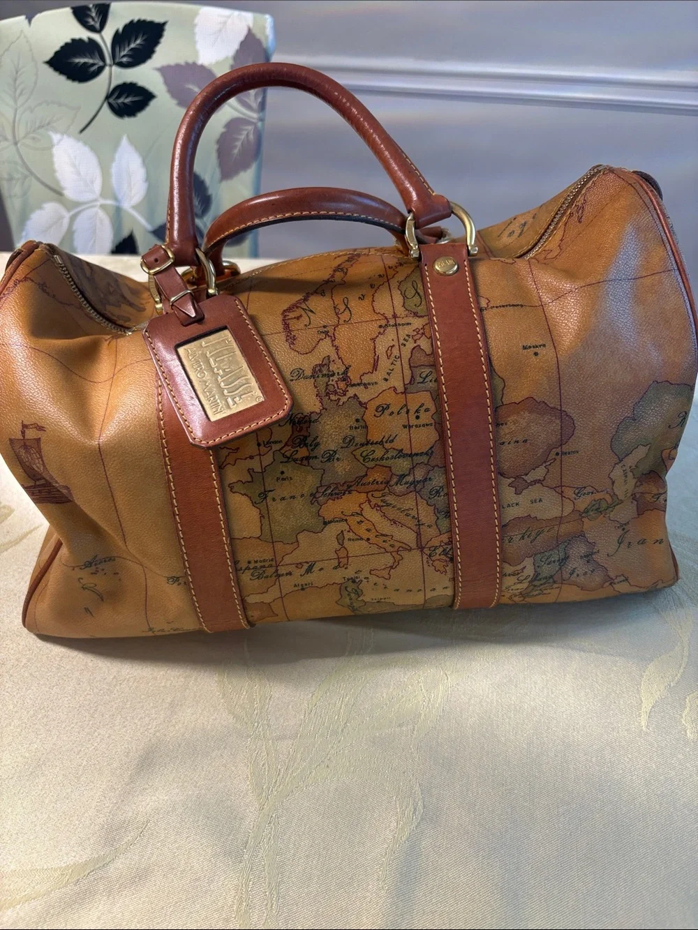 Alviero Martini Tan and Brown Geo-Print Leather Duffel